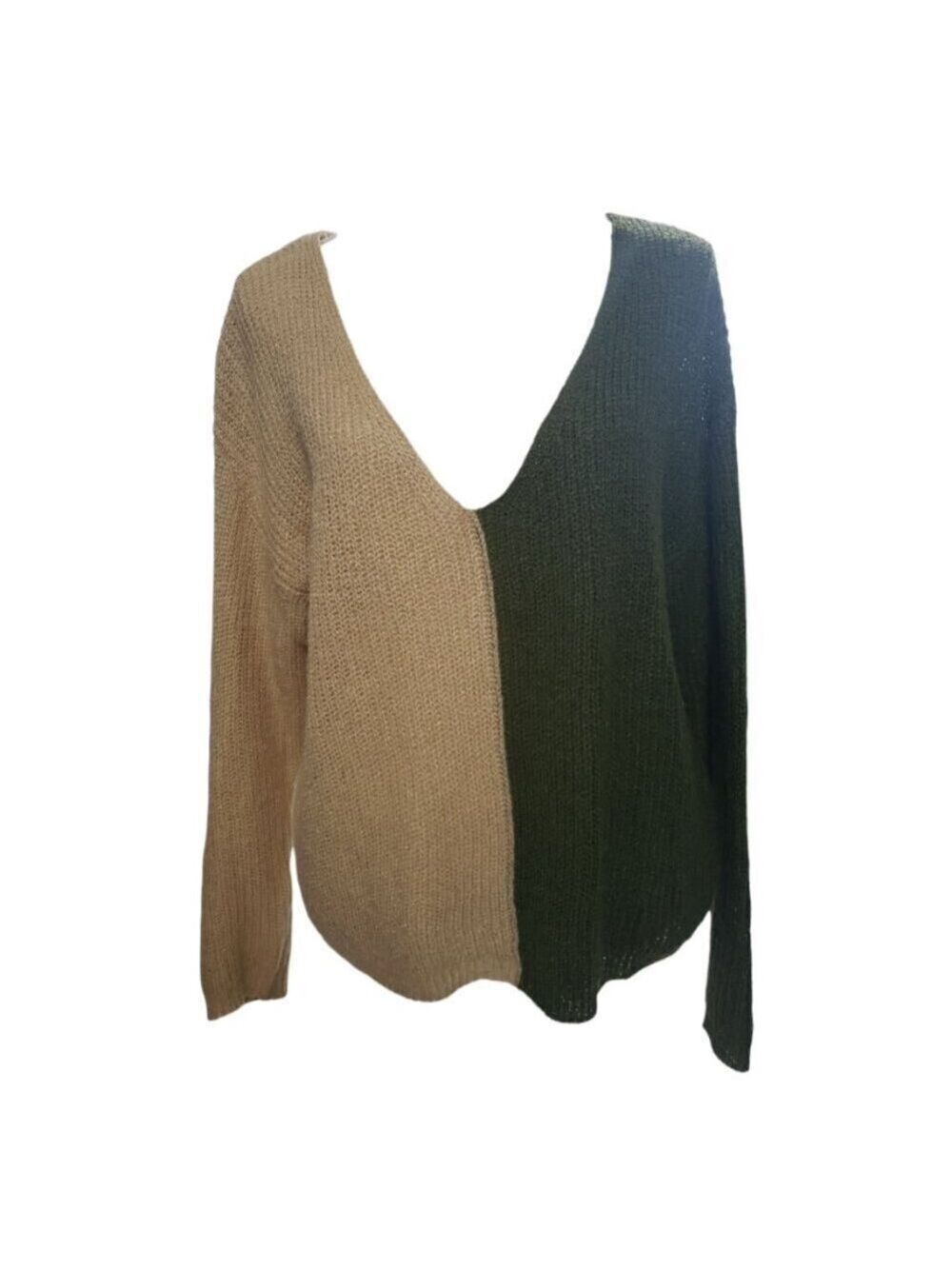 Peach Love California Womens Tan & Olive Colorblock Vneck Sweater Small